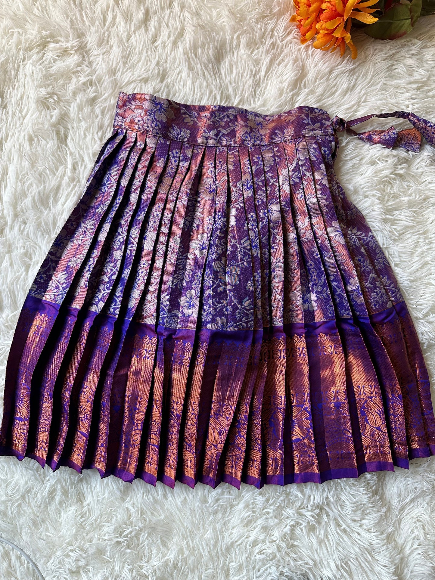Dazzling Violet: Silver Zari Skirt and Aari Work Top in Luxurious Semi-Silk