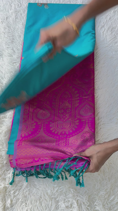 “Tranquil Harmony: Blue Green and Pink semi silk saree