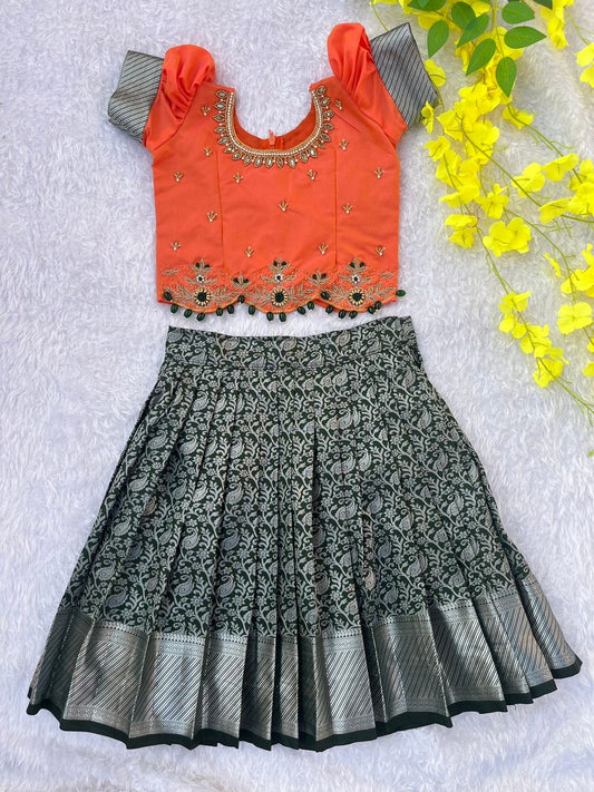 PRE ORDER - Coral and Dark Grey Embellished Kids Lehenga Dress 🌸
