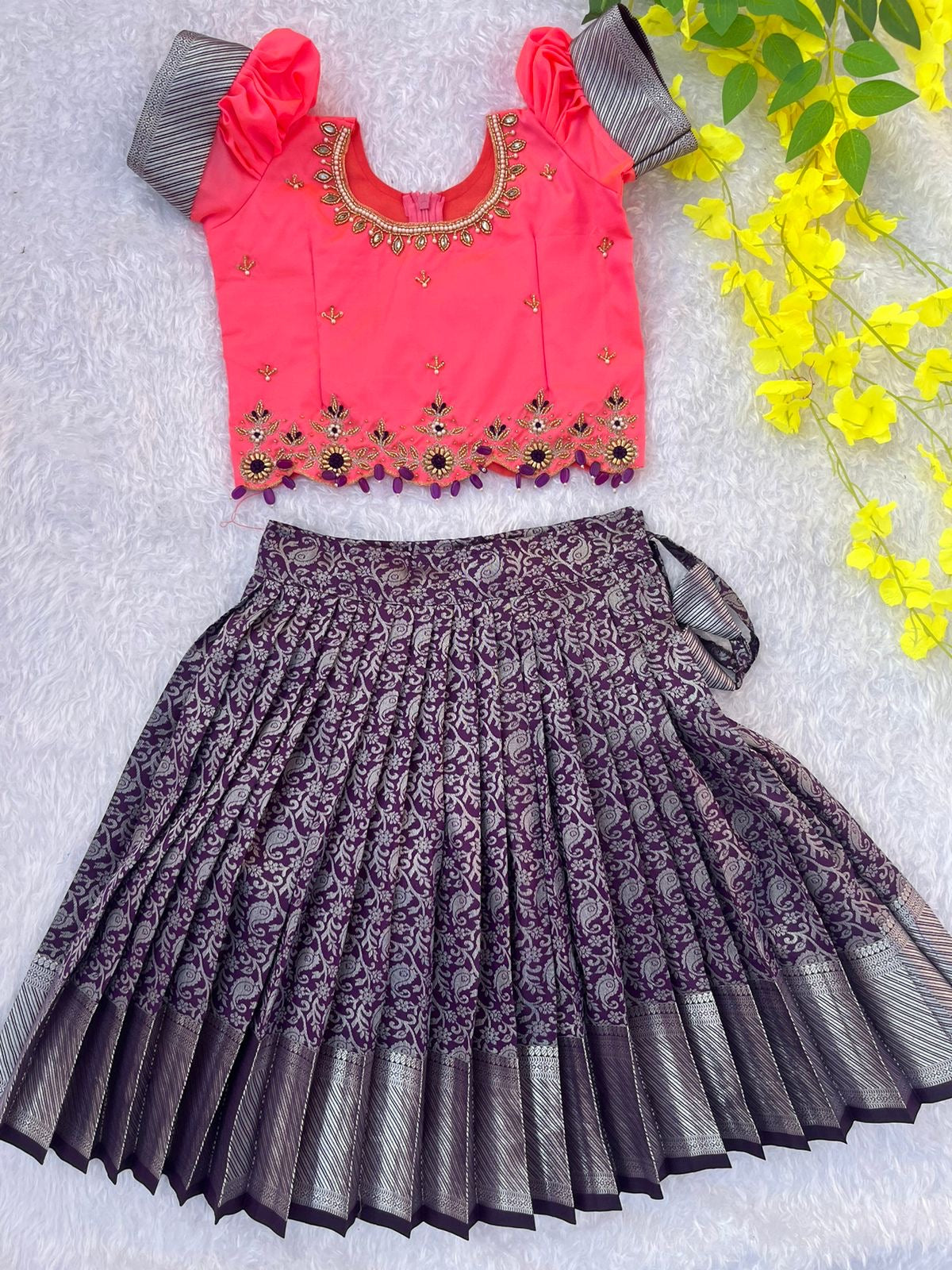 PRE ORDER - Golden Pink Crop Top with Purple Patterned Skirt