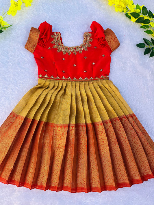 PRE ORDER - Ceremonial Charm: Kids’ Red Frock with Golden Detailing