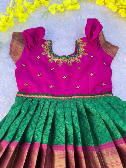PRE ORDER - Enchanting Purple and Golden Embroidered Frock with Green Waistband