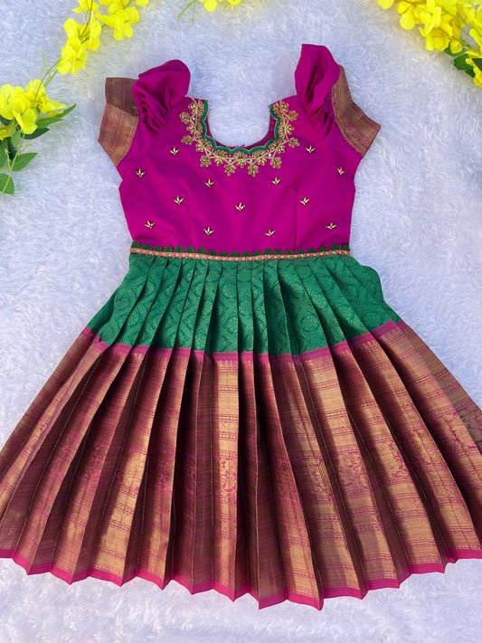 PRE ORDER - Enchanting Purple and Golden Embroidered Frock with Green Waistband