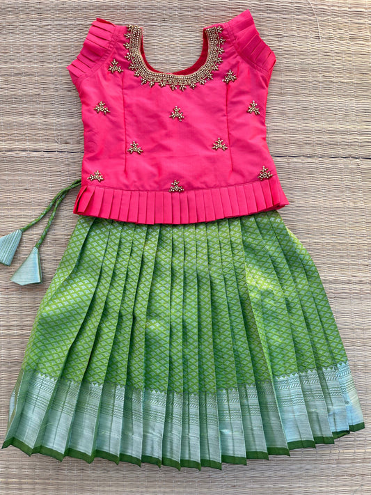 PRE ORDER - Vivid Elegance: Semi Silk Aari Top with Contrast Skirt