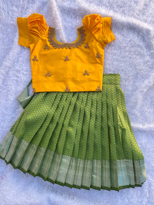 PRE ORDER - Chic Simplicity: Semi Silk Yellow Aari Top and Cool-Toned Skirt Duo