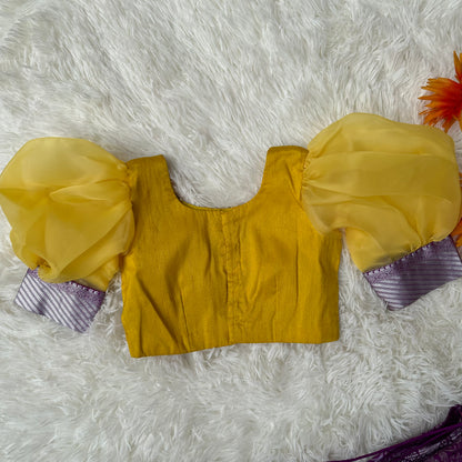 Purple Semi - Silk Skirt With Yellow Baloon Sleeve Top