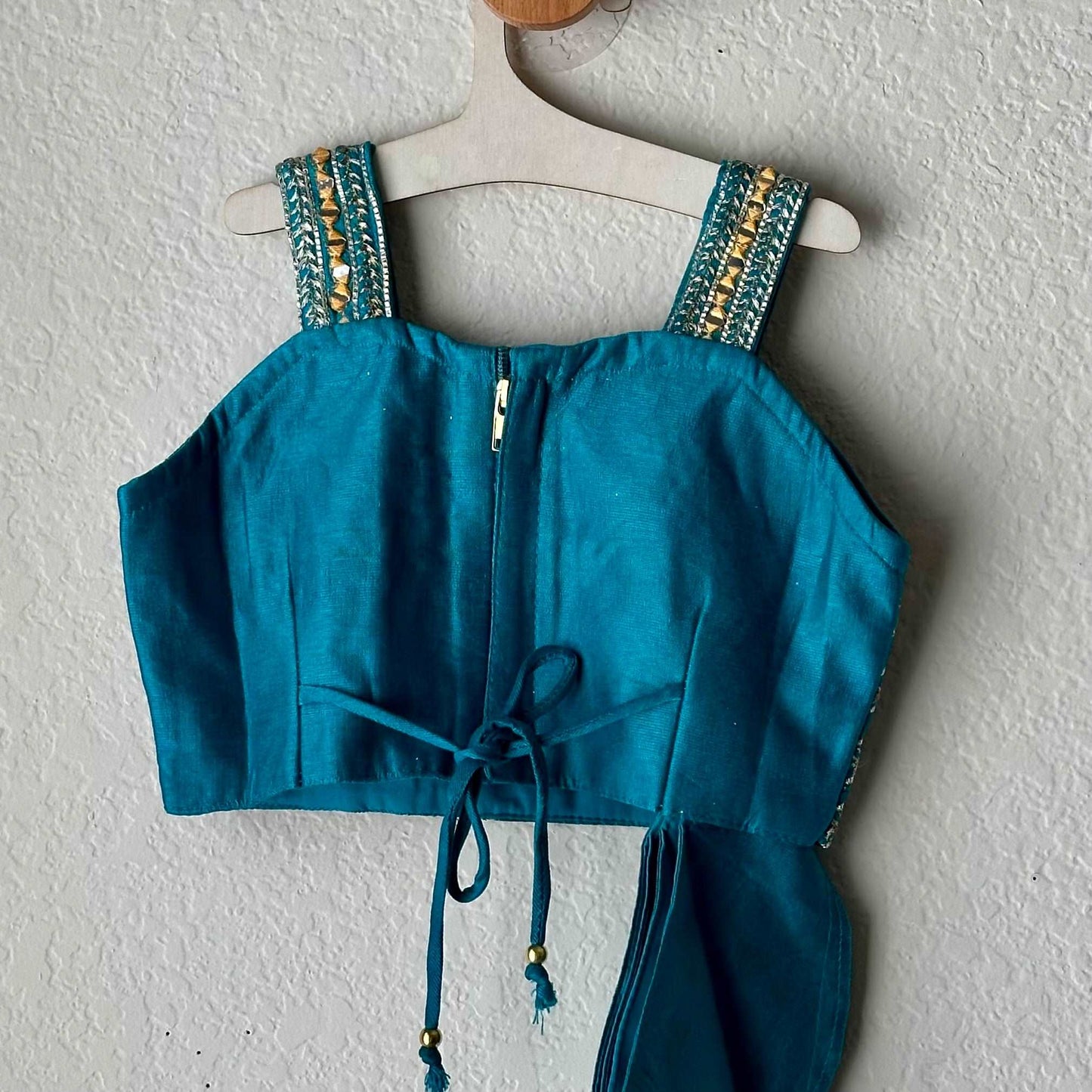 Radiant Rama Green: Mirror Work Spaghetti Crop Top & Foil Print Skirt Set - Kalas Couture