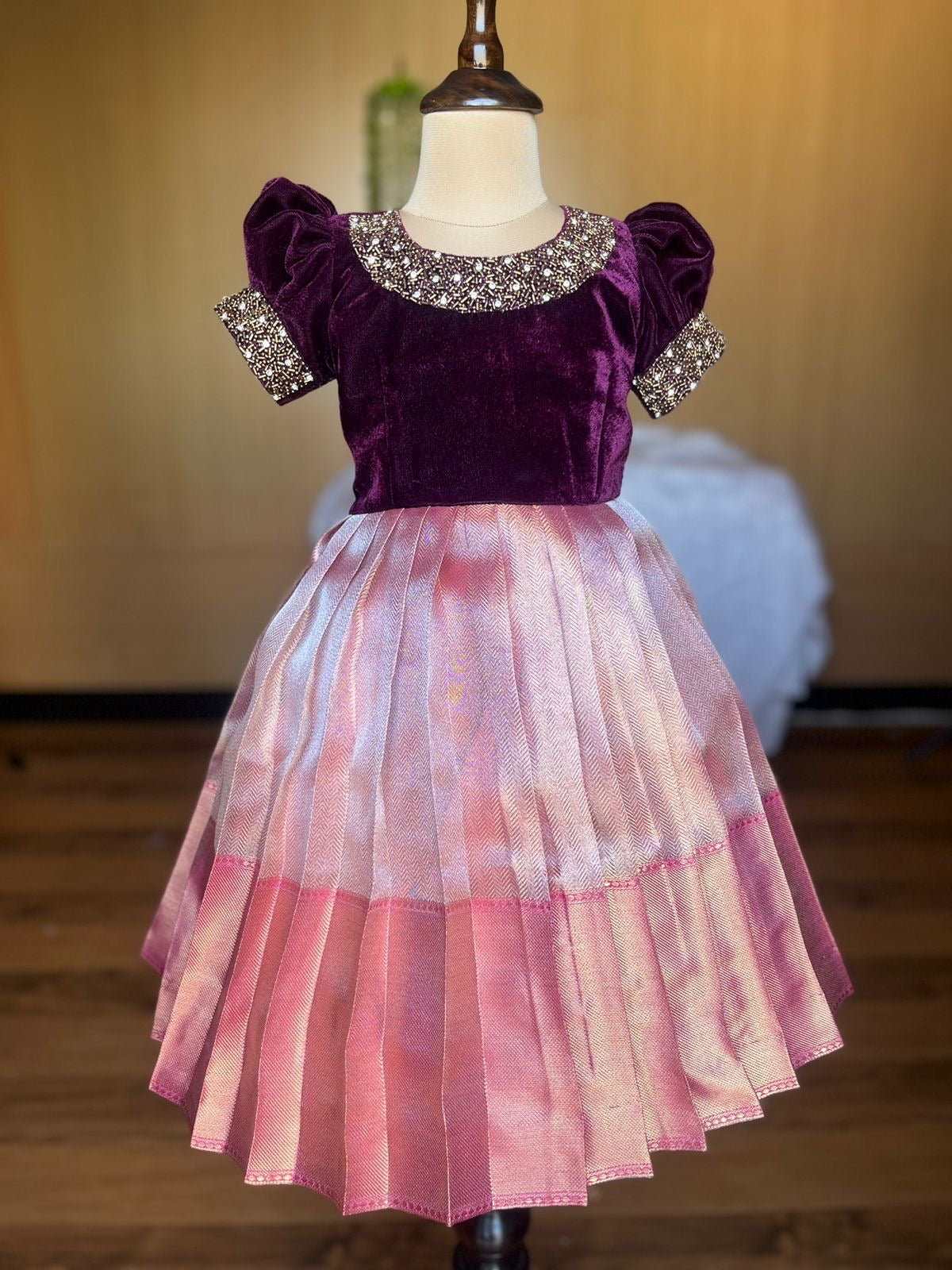 Velvet & Silk Baby Pattu Pavadai – Plum Purple & Blush Pink