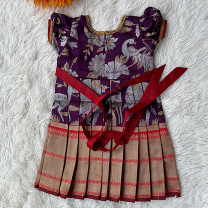 Playful Purple & Red Paithani Kids Frock: Colorful Peacock Motif