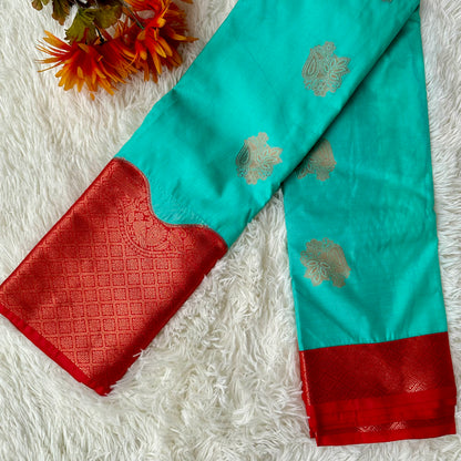 Captivating Elegance: Sea Blue With Red Border Semi Silk Saree