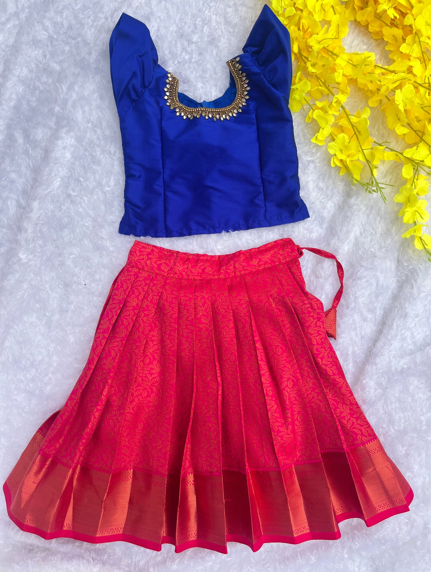 PRE ORDER : Red Semi Silk Skirt with Radiant Blue top with Aari Work