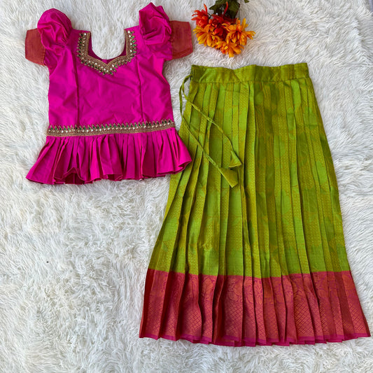 Charming Ensemble: Green Kora Silk Skirt, Pink Aari Work Peplum Top