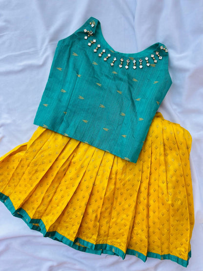 Sunshine Bloom Kids Pavadai Set - Mustard Yellow & Teal Green