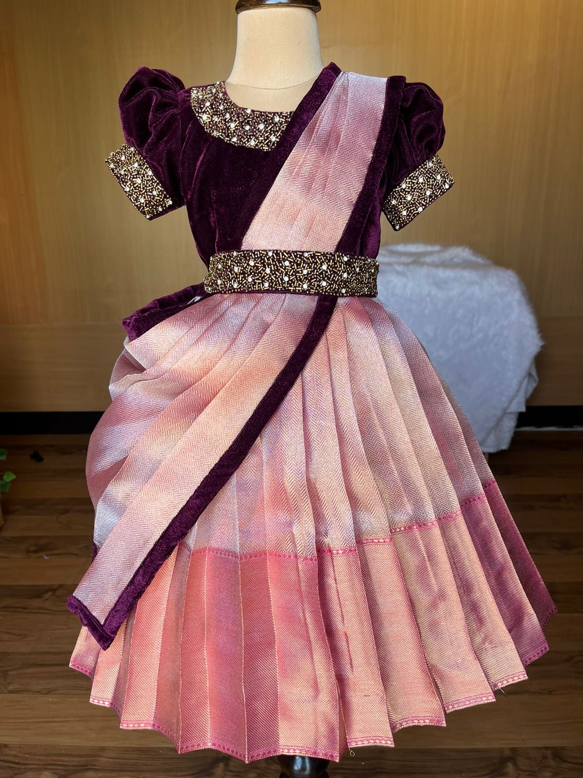 Velvet & Silk Baby Pattu Pavadai – Plum Purple & Blush Pink