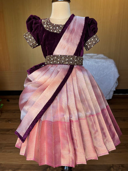 Velvet & Silk Baby Pattu Pavadai – Plum Purple & Blush Pink