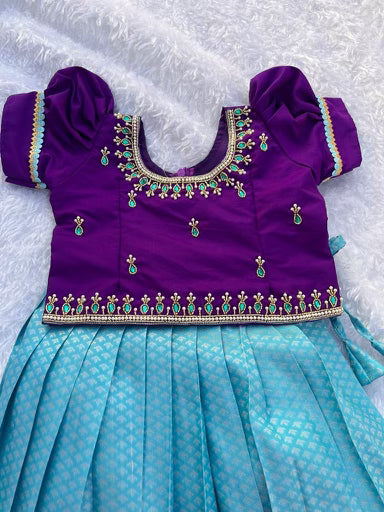 PRE ORDER : Stunning Teal Skirt with Purple Top with Intricate Aari Work