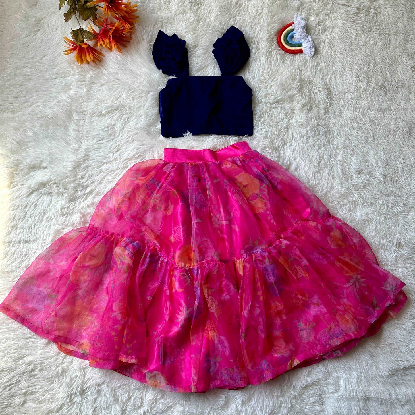 Ethereal Velvet Crop Top and Floral Organza Skirt | 3-4 Yrs - Kalas Couture