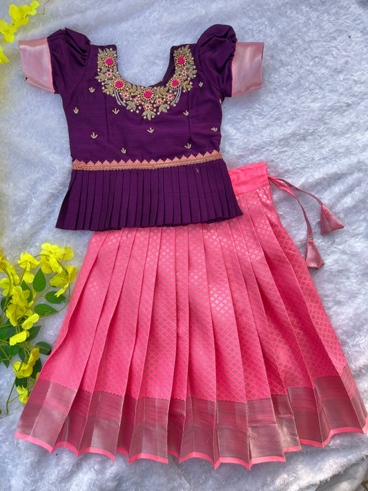 Unforgettable Elegance: Violet Top with Pink Semi-Silk Aari Work
