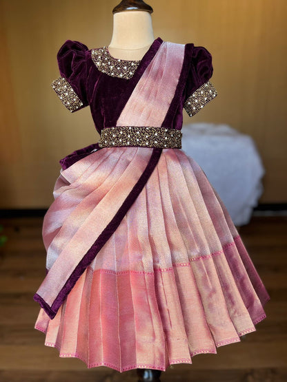 Velvet & Silk Baby Pattu Pavadai – Plum Purple & Blush Pink