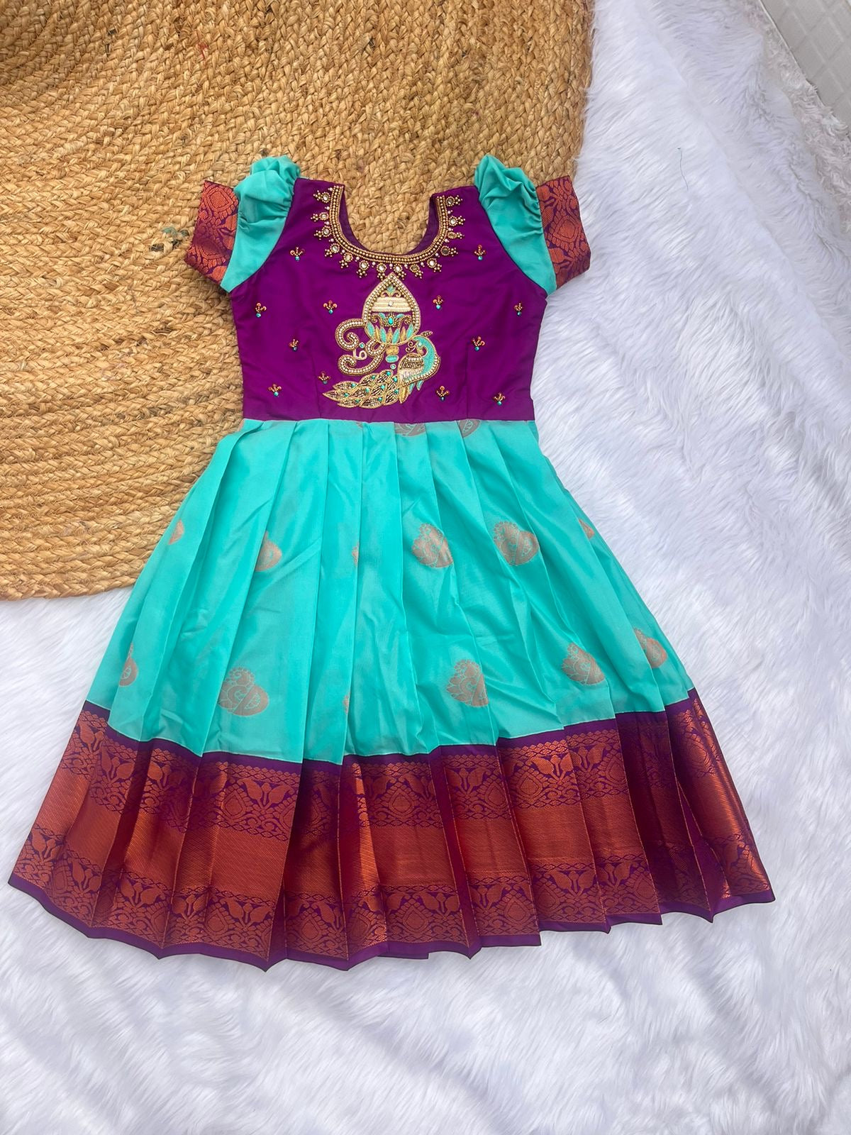 Traditional Peacock Motif Pattu Frock – Aqua Blue & Magenta