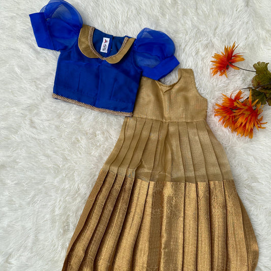 Golden Elegance: Tissue Frock with Vibrant blue Top