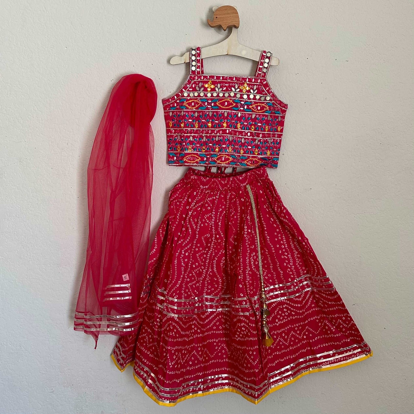 Rani Pink Royalty: Mirror Work Crop Top & Gotta Patti Skirt in Cotton - Kalas Couture