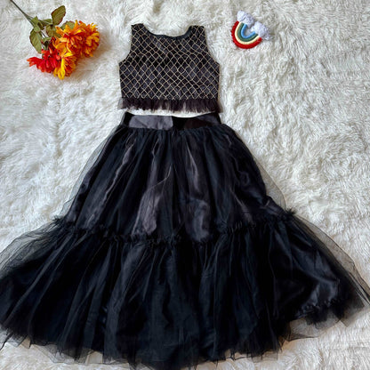 Black Sleeveless Crop Top | Soft two tier Skirt |5-6 Years - Kalas Couture