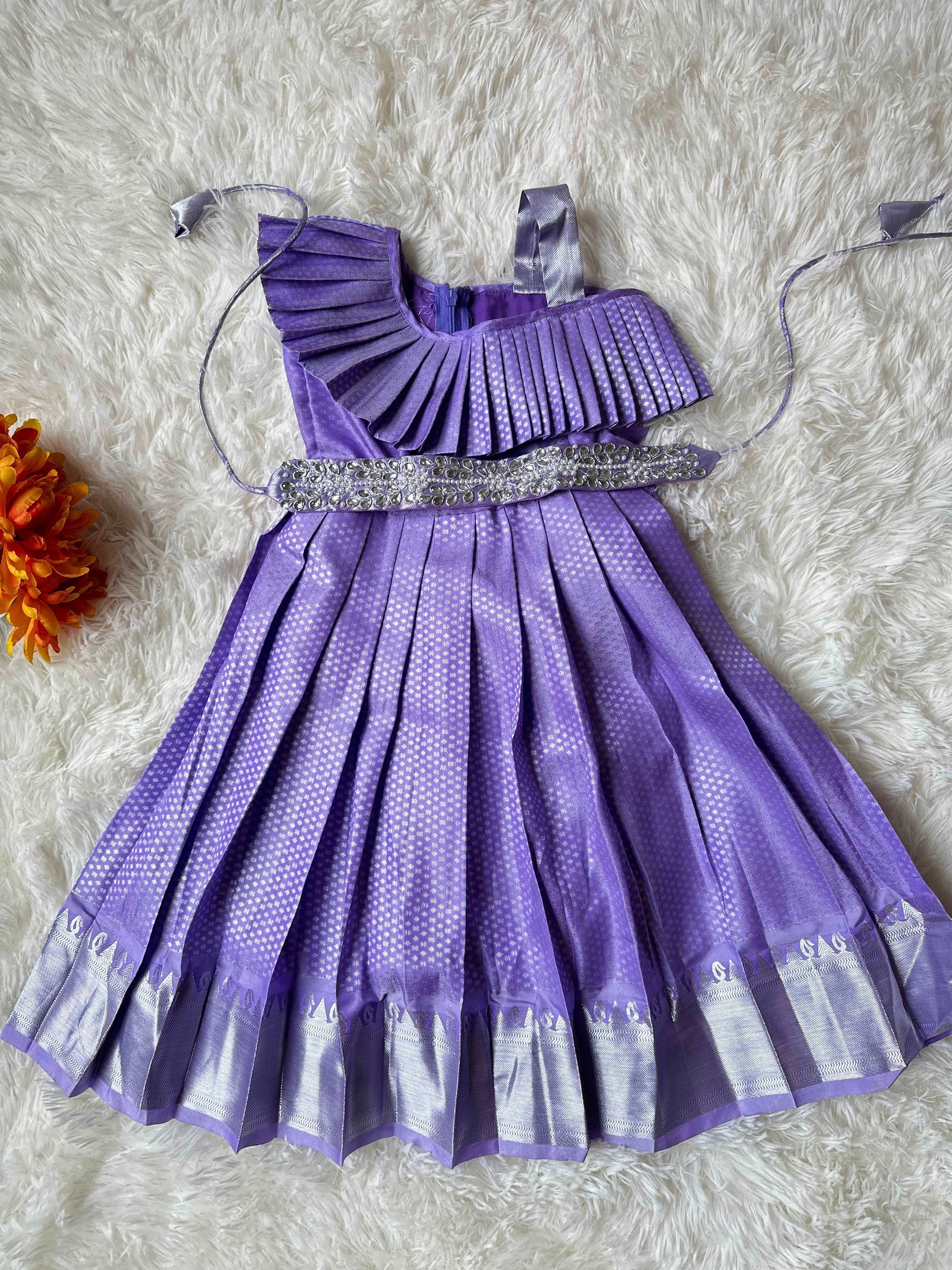 Enchanting Semi-Silk Violet Frock with Aari Work and Perfect Belt - Kalas Couture