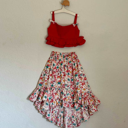 Rayon Spaghetti Crop Top With Ruffles | 2 Layers High Low Skirt | 4-5 Yrs - Kalas Couture