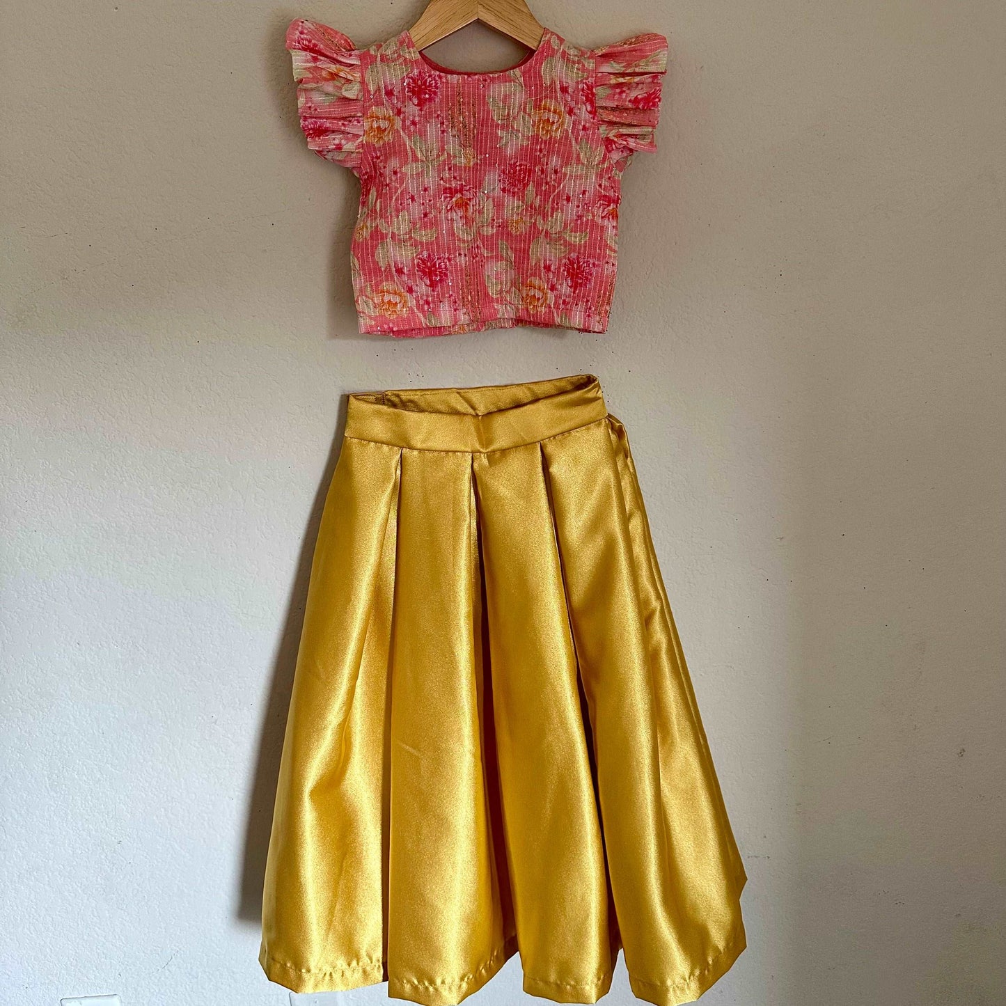 Floral Sequence Crop Top | Satin Box Pleat Skirt | 5-6 Yrs - Kalas Couture