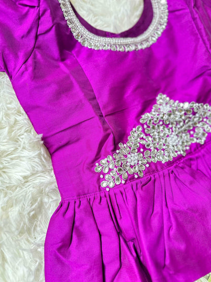 Chic Pista Green Skirt & Violet Peplum Top Set with Aari Worki