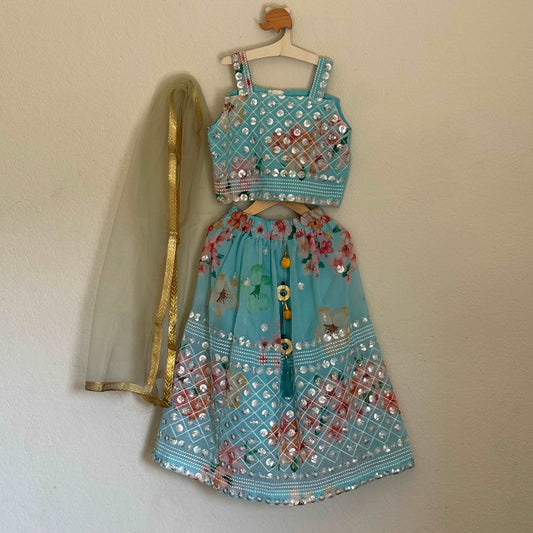 Chic Light Blue Sequin Crop Top & Skirt Set - 4 to 5 Years - Kalas Couture