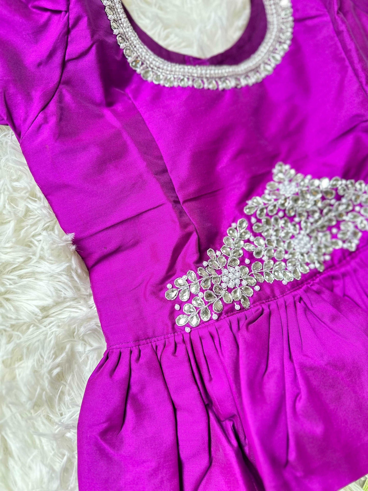 Chic Pista Green Skirt & Violet Peplum Top Set with Aari Work - Kalas Couture