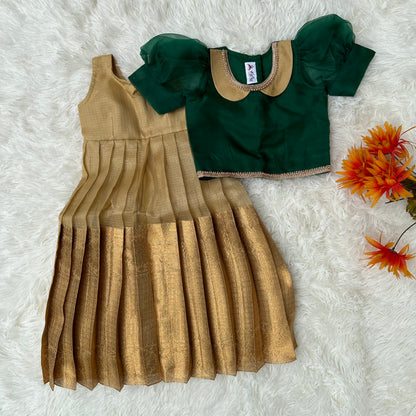 Golden Elegance: Tissue Frock with Vibrant Green Top