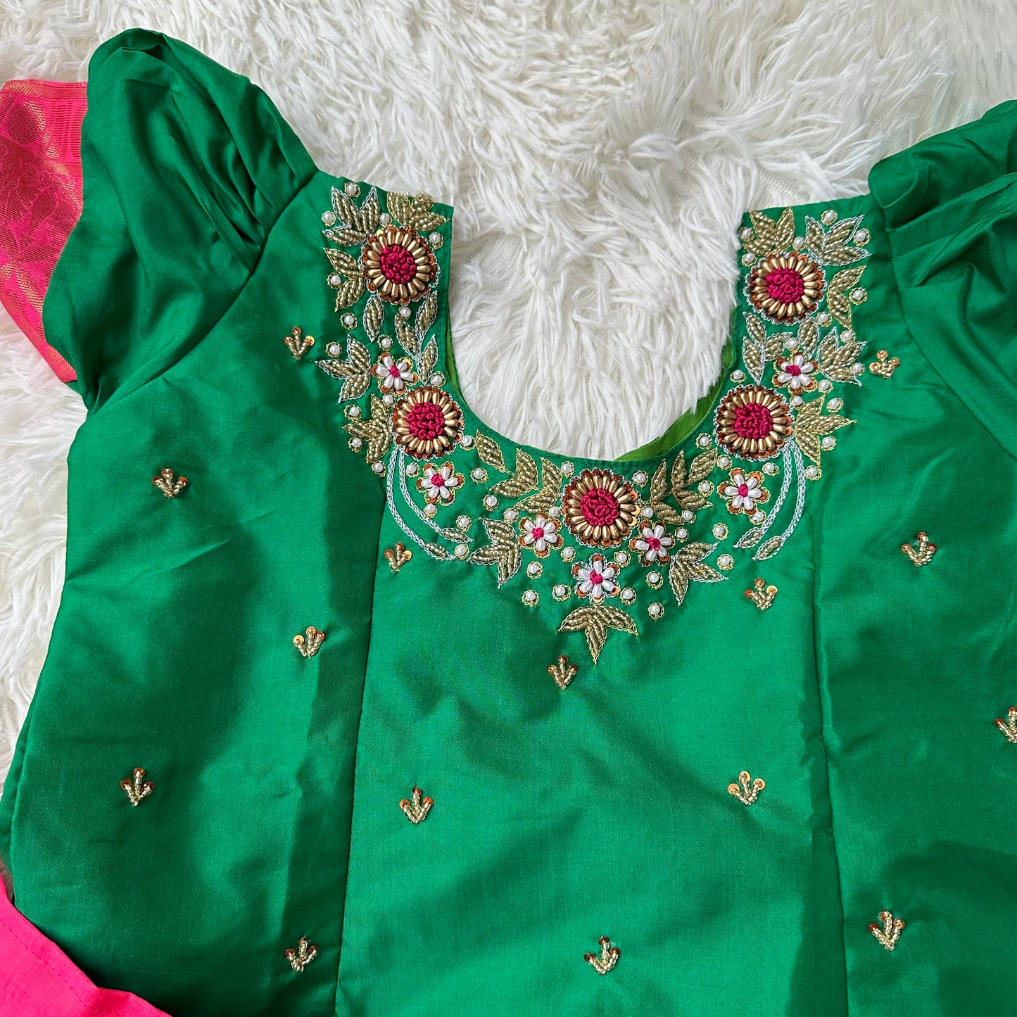 Lush Harmony: Green peplum Top with aari work and Pink semi silk Skirt