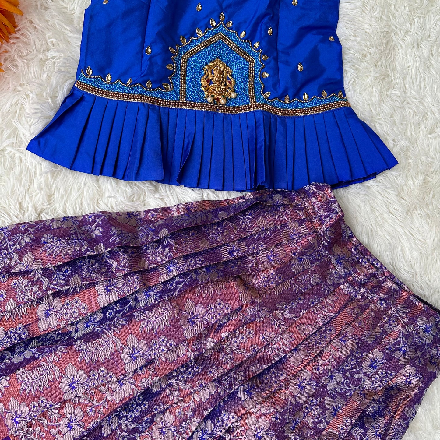 Little Royalty: Royal Blue peplum Top with semi silk Copper Zari Skirt