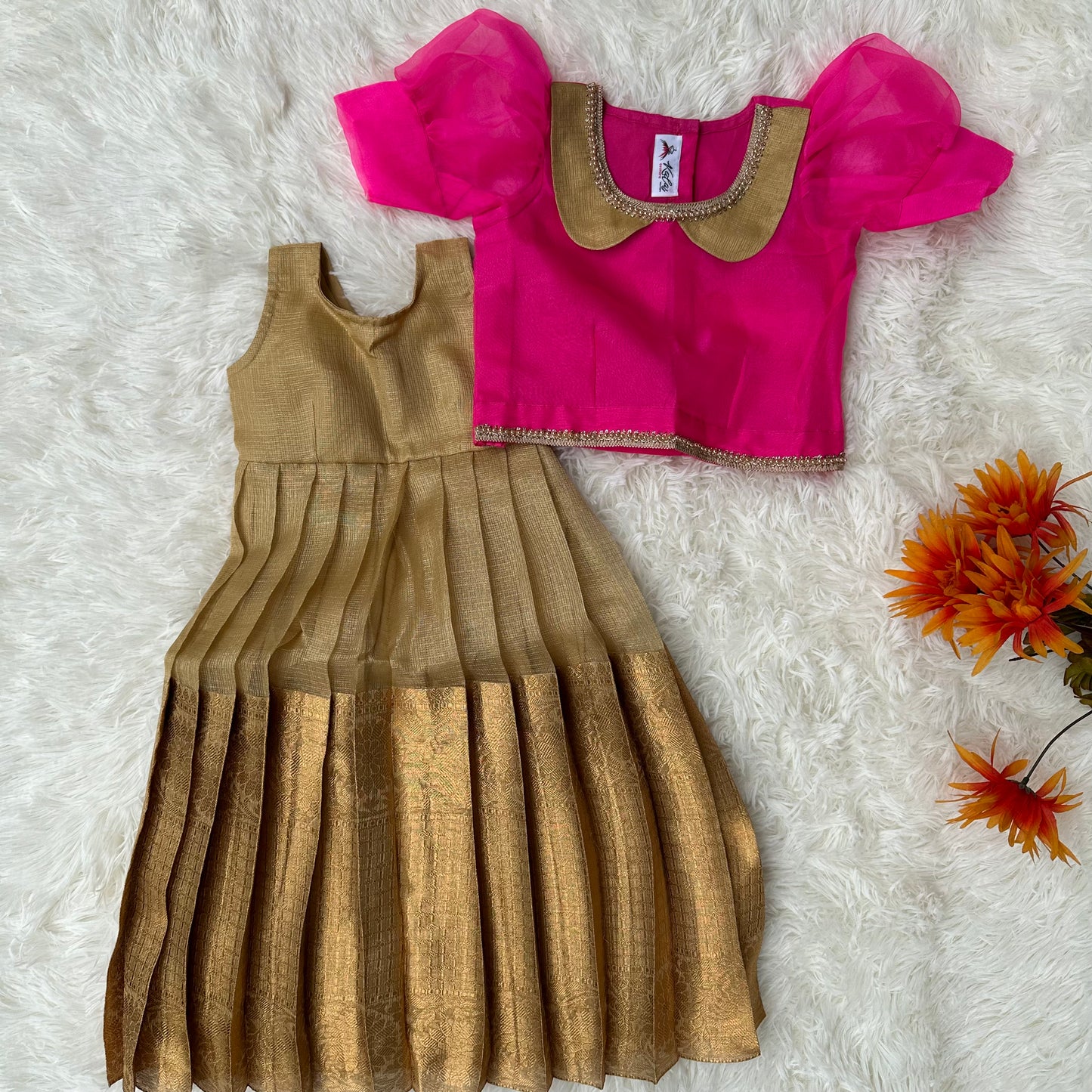 Golden Grace: Tissue Frock and Pink Top Ensemble