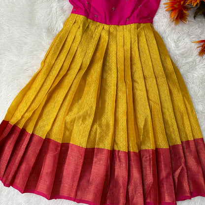 Sunny Bliss: Yellow-Pink Frock with Aari Work