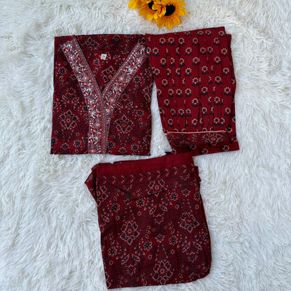 Stylish Comfort : Maroon V-Neck Cotton Kurta with Pocket and Afghan Pant