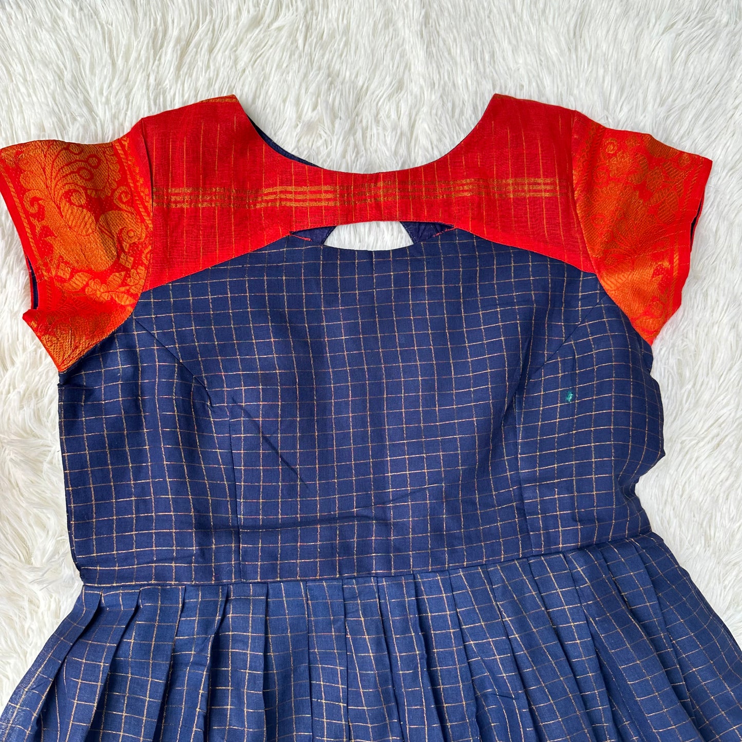 Chic Elegance: Navy Blue and Red Sungudi Frock