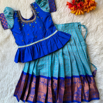 Chic Comfort: Semi Silk Sky Blue Checked Skirt & Royal Blue Peplum Top