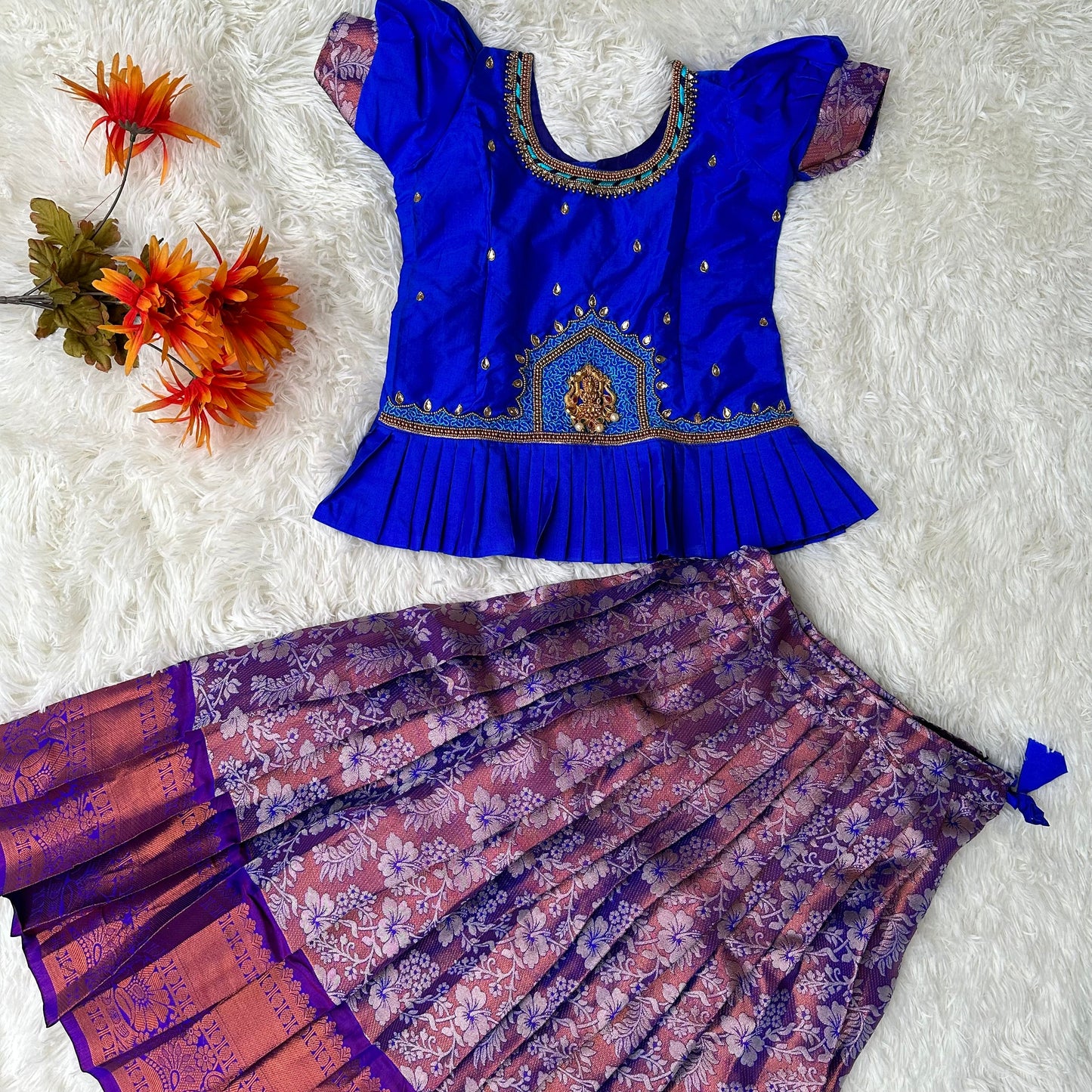 PRE ORDER : Little Royalty: Royal Blue peplum Top with semi silk Copper Zari Skirt
