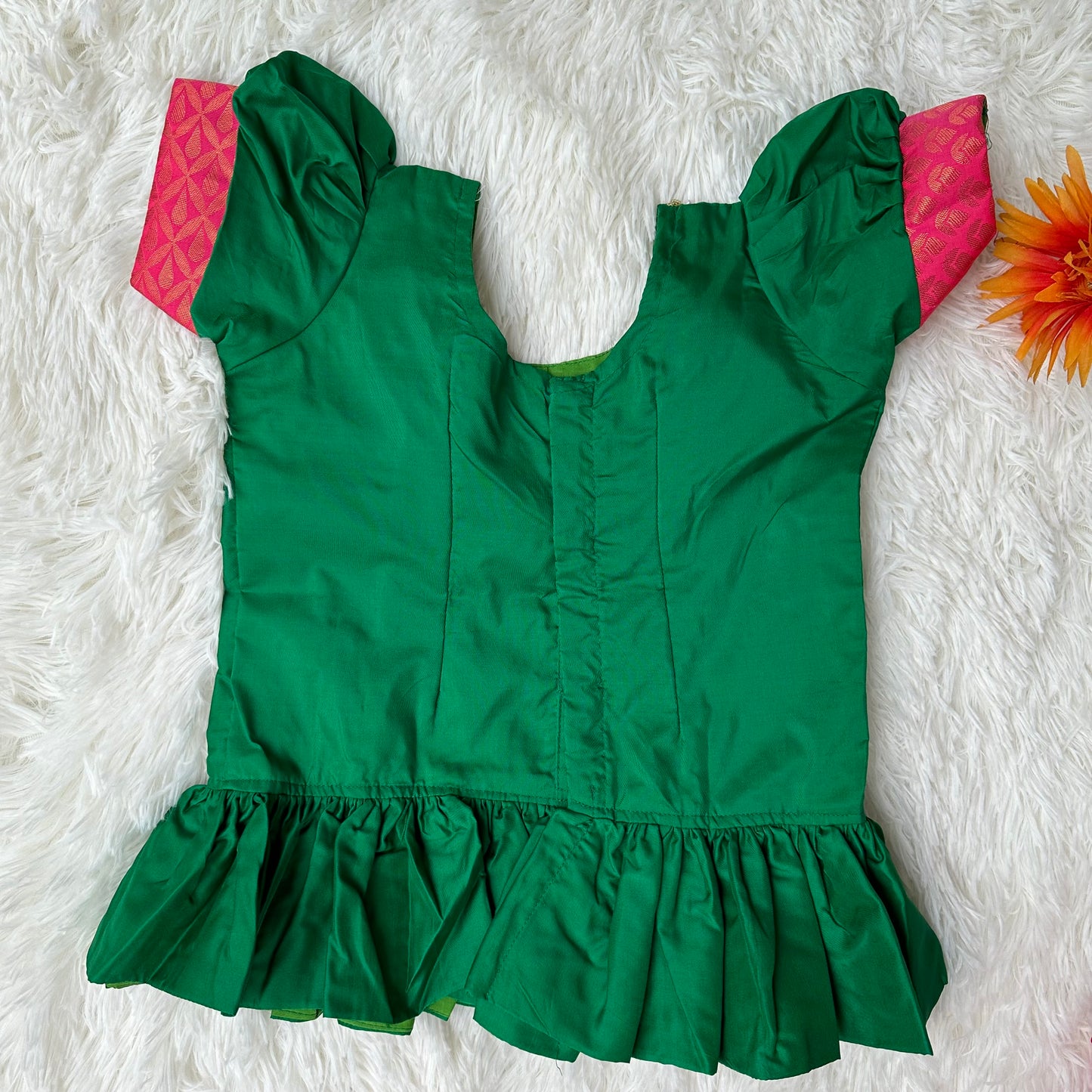 Lush Harmony: Green Top with Pink Aari Work Skirt