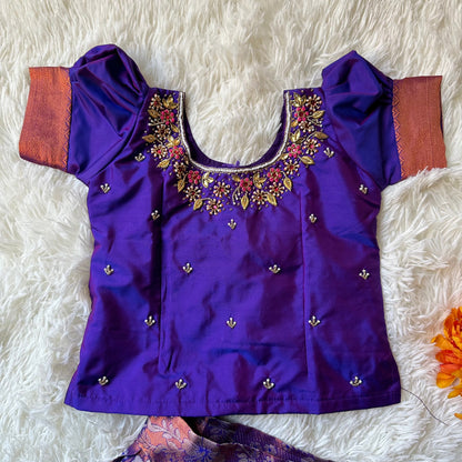 PRE ORDER- Dazzling Violet: Silver Zari Skirt and Aari Work Top in Luxurious Semi-Silk