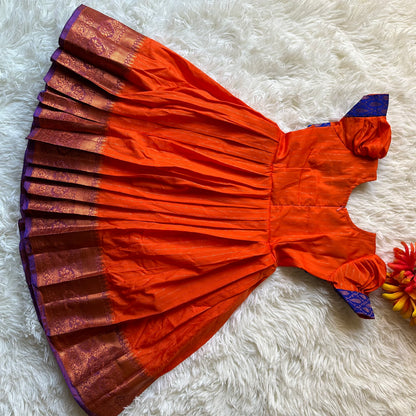 Regal Elegance: Semi Silk Orange and Royal Blue Frock with Puff Sleeves