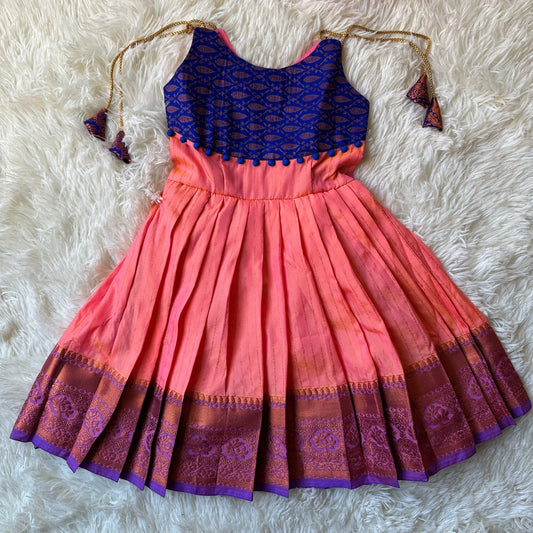 Peach Splendor: Royal Blue and Peach Semi-Silk Frock