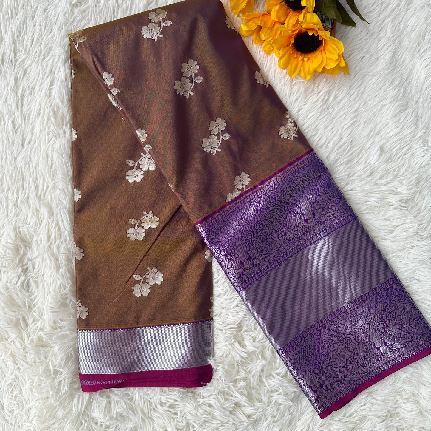 Elegant Essence: Soft Semi Silk Saree in Light Brown with Flower Buttas