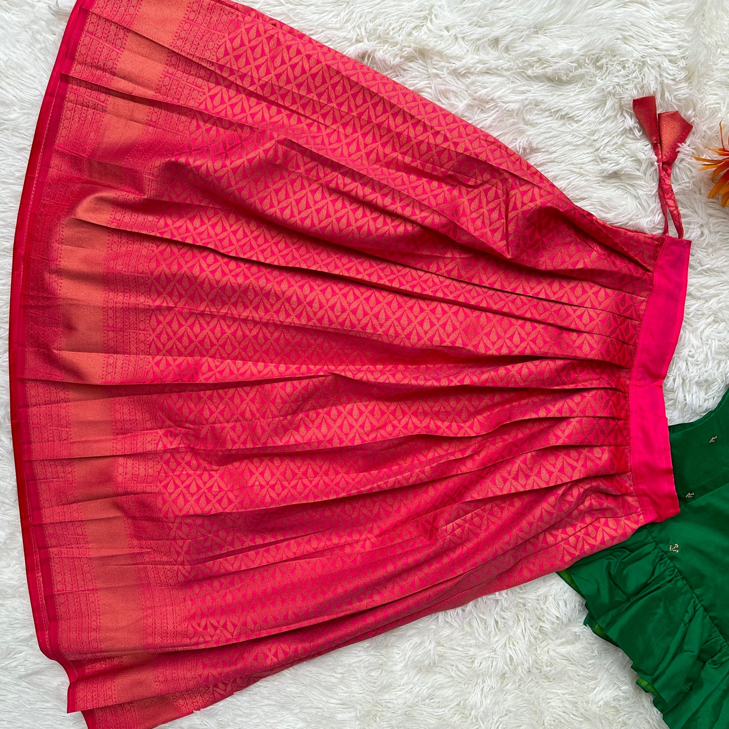 Lush Harmony: Green peplum Top with aari work and Pink semi silk Skirt