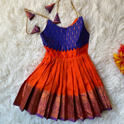 Dazzling Harmony: Orange and Royal Blue Frock with Shoulder Tie