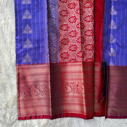 Effortless Chic: Ink Blue Banarasi semi Silk Saree with Bold Maroon Border